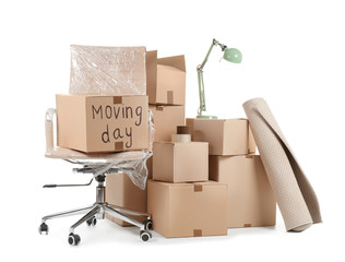 Cardboard boxes and household stuff on white background. Moving day