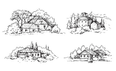 Rural Scene with Houses and Trees Sketch