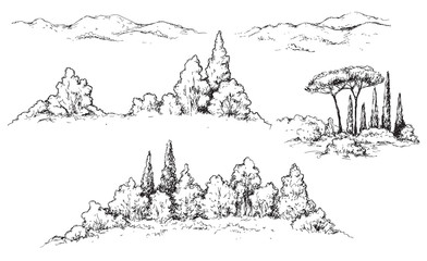 Fragments of Rural Scene with Hills and Trees Sketch - 220539780