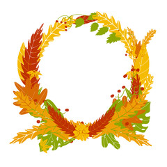 Autumn leaves circle frame in hand drawn style. Vector colorful orange leaves.
