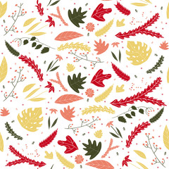 Floral leaves colorful seamless pattern in hand drawn style. Vector leaves, flowers and berries on a transparent background.