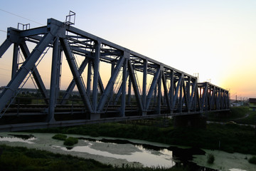 Sunset on the railway bridge. Evening