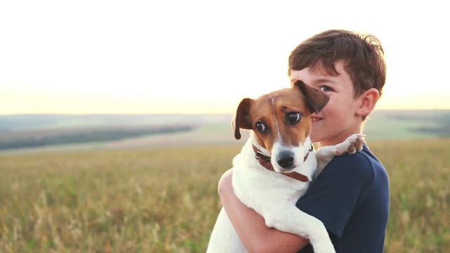 A slow motion happy smiling boy holds a dog Jack Russell Terrier on his hands and rejoices at the end of the day. Summer sunny landscape in the field. The child and his pet on vacation. Sun rays
