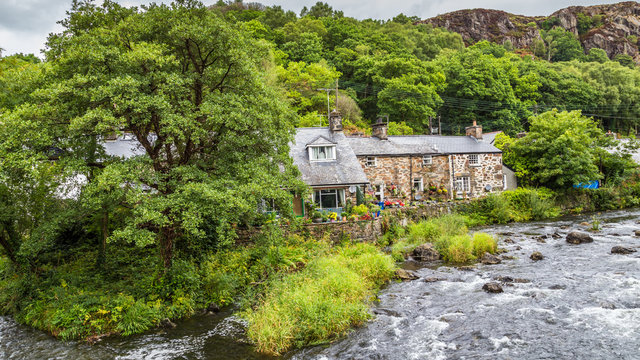 Tarditional stone cottages in Beddgelert in the heart of Smowdonia National Park in Gwynedd, Wales, UK