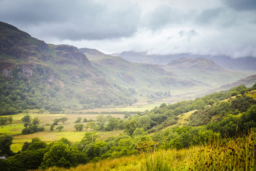 Landscape of Snowdonia  National Park on a rainy and foggy day in Wales, UK