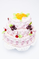 Sweet Cake Dessert with cherries on isolated white background.