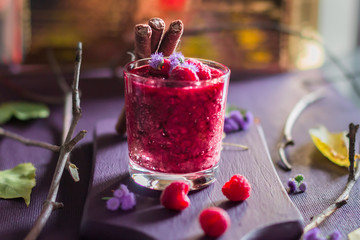 Vitamin cocktail of raspberry with beautiful decor. Healthy diet. Autumn sketch.