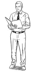 Sketch style illustration of happy businessman reading file folder