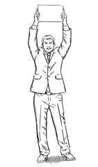 Sketch style illustration of businessman holding a blank page over his head