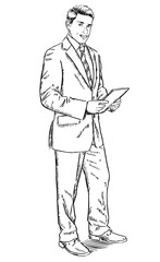 Sketch style illustration of businessman standing with computer tablet