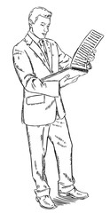 Sketch style illustration of businessman standing and reading notes from notebook