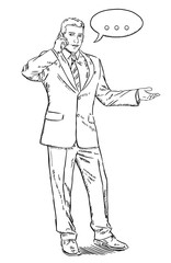 Sketch style illustration of businessman standing and talking by a mobile phone