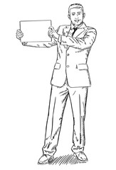 Sketch style illustration of businessman standing and holding blank page in his hand