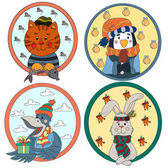 A large collection of cute animals and birds on a New Year theme.