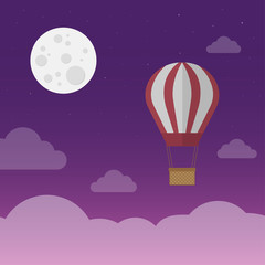 Hot air balloon on night sky background with full moon - Vector