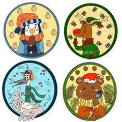 A large collection of cute animals and birds on a New Year theme.