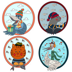 A large collection of cute animals and birds on a New Year theme.