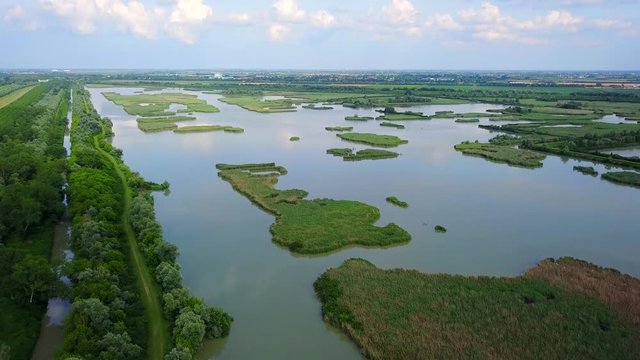Aerial view of the Delta del Po Park. Oasis of Campotto