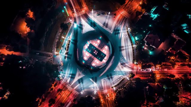  Aerial drone timelapse of busy intersection at Triumph Arch Bucharest night
