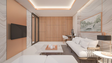 Living room in suite room with copper texture , 3d rendering