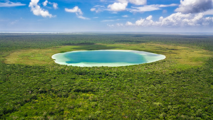 Drone view of the Kaan Luum lagoon in Tulum Mexico - obrazy, fototapety, plakaty