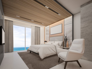 Master bedroom in hotel with sea view , 3d rendering
