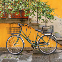 Fototapeta na wymiar Bicycle Parked at Wall, Lucca, Italy