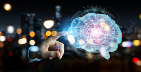 Businessman creating artificial intelligence in a digital brain 3D rendering