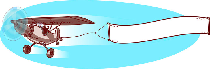 single propeller airplane carrying blank banner sign cartoon style vector illustration