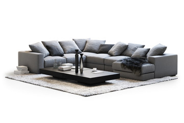 Modern furniture set with sofa, carpet and coffee tables. 3d render
