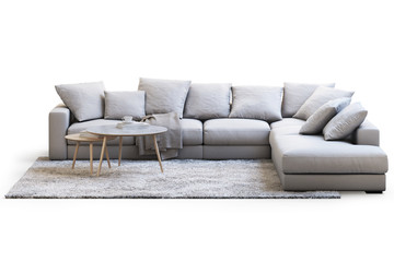 Modern furniture set with sofa, carpet and coffee tables. 3d render