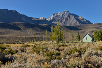 small Green Church at Benton Crossing road in Long Valley  Whitmore Hot Springs, Mono County, California