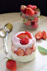 Cottage cheese with strawberries in a jar. Healthy nutrition.