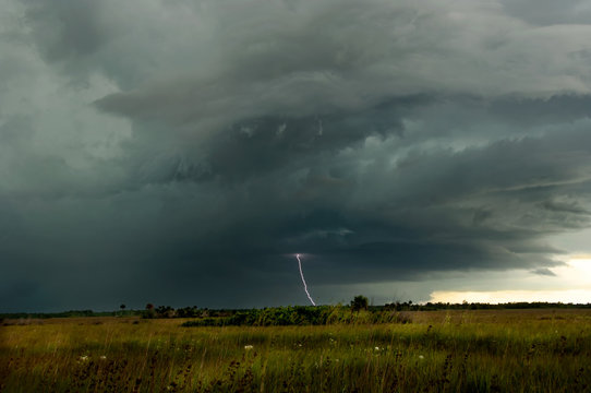 Thunder and lightning storm over the Everglades swamp in Big Cypress, Florida, USA