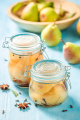 Homemade and healthy pickled pears in summer