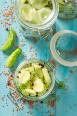Natural and healthy canned cucumber in summer