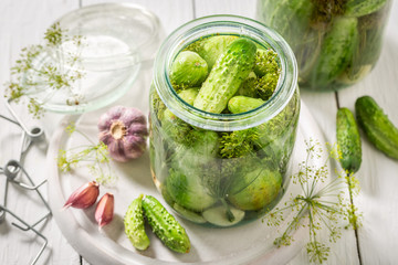 Homemade and tasty pickled cucumber in summer