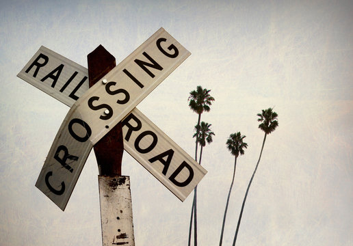 aged and worn railroad crossing sign with palm trees and overcast sky