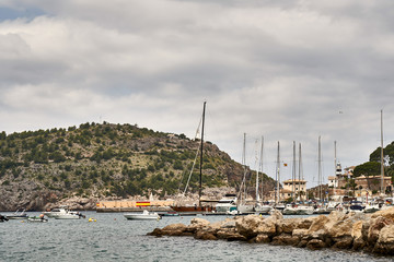 Fototapeta na wymiar Port de Soller view with tramontana mountain in Mallorca island in Spain