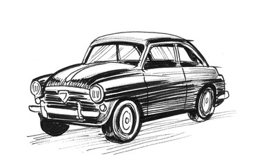 Ink black and white sketch of a vintage car