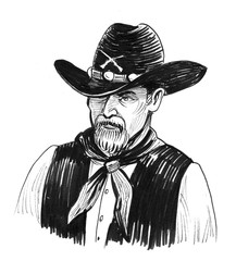 Ink black and white cowboy character