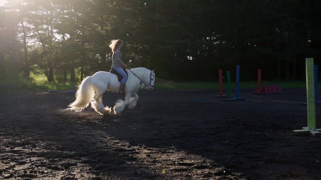Young woman riding horse during a summer sunset. Slow Motion