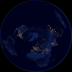 Map of the world at night in Lambert azimuthal equal-area projection - shaded relief, the map colors gradually blend into one another across regions and from lowlands to highlands - 3D rendering