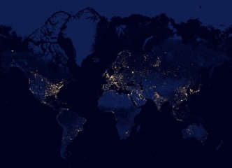 Map of the world at night  in Mercator projection (no Antarctica) - shaded relief, the map colors gradually blend into one another across regions and from lowlands to highlands - 3D rendering