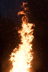 Bonfire burning trees at night. Large orange flame isolated on a black background. Fire on black. Brightly, heat, light, camping, big bonfire