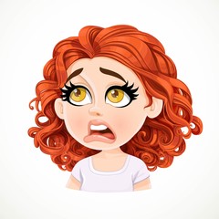 Beautiful dissatisfied cartoon brunette girl with dark red hair portrait isolated on white background