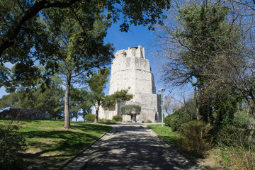 Fototapeta na wymiar The hilltop tower of La Tour Magne in Nimes, France