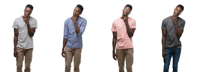 Collage of african american man wearing different outfits with hand on chin thinking about question, pensive expression. Smiling with thoughtful face. Doubt concept.