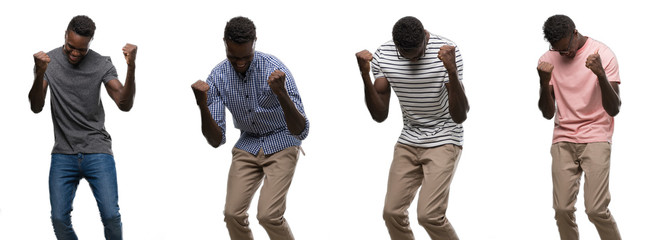 Collage of african american man wearing different outfits very happy and excited doing winner gesture with arms raised, smiling and screaming for success. Celebration concept.