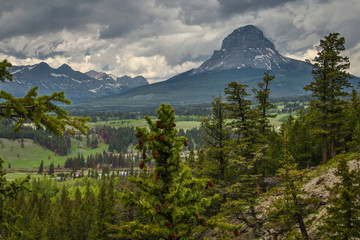 Majestic Crowsnest mountain in Southern Canada from Blairmore Rainbow falls viewpoint
